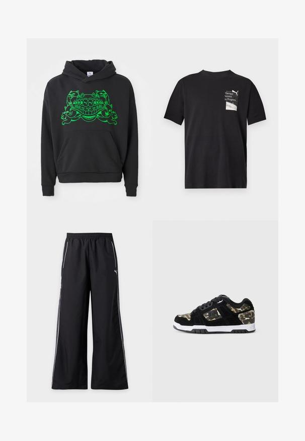 Zwarte hoodie met een groene grafische afbeelding van gestileerde katten en een lachende mond; bevat een voorste kangoeroe-pocket en ribgebreide boorden.; Zwarte T-shirt met korte mouwen, met kleine witte afbeelding en tekst "Therapy Session in Progress" op de bovenste linkerborst.; Zwarte atletische broek met wijde pijpen, witte biezen langs de zijkanten en een elastische tailleband, met een klein Puma-logo op de rechterdij.; Zwarte suède sneaker met een camouflagemotief aan de zijkant, witte tussenzool en zwarte rubberen zool. Bevat veters en logo-details aan de zijkant.