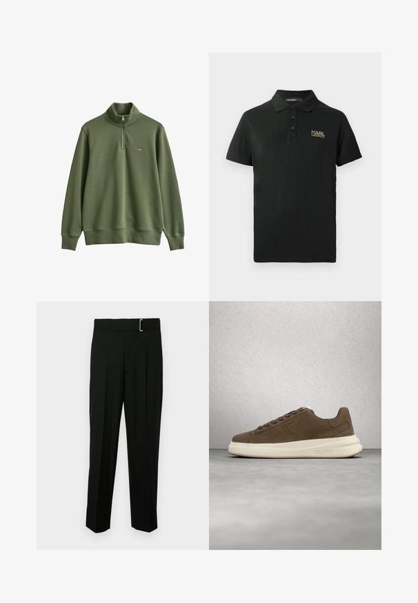 Olijfgroene trui met lange mouwen, kwartrits en klein geborduurd logo op de linkerborst, geribde manchetten en zoom.; Zwarte polo met korte mouwen, voorzien van drie knopen en het "KARL LAGERFELD" logo in goud op de linkerkant van de borst.; Zwarte op maat gemaakte broeken met een gladde textuur, voorzien van een rechte pijp, geplooide details en een tailleband met een metalen ceintuurgesp.; Bruine suède sneaker met een crèmekleurige rubberen zool, platte veters en een logo aan de zijkant. Lichtgewicht ontwerp en gladde textuur.