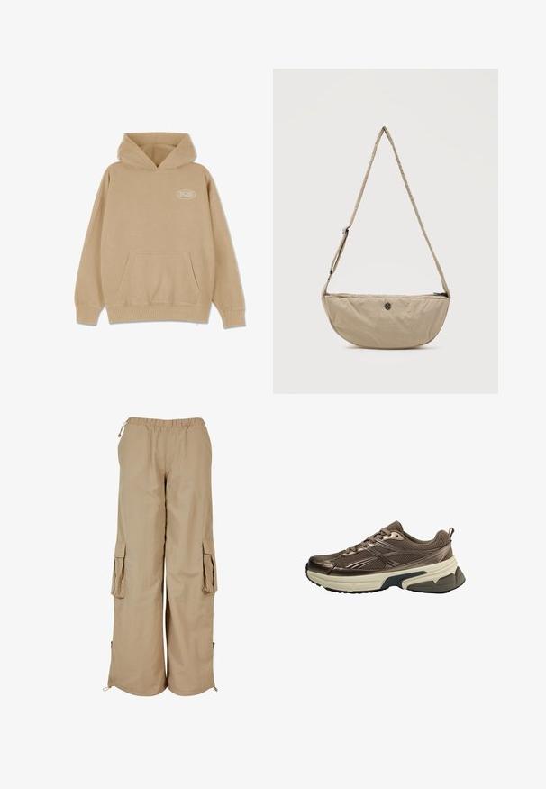 Beige hættetrøje med en frontlomme, snørelukning i hætten og ribbede manchetter og kant. Har et lille hvidt logo på venstre side.; Beige cargo bukser med elastisk talje, to sidelommer og mesh-detaljer; fremstillet af letvægts, tekstureret stof.; Brun mesh sportssko med beige tyk sål og sort slidbane, detaljerede sidestreger og snørebånd, vist fra ydersiden.; Beige halvmåneformet crossbody-taske med justerbar rem og lille rundt metallogo foran, lynlåslukning øverst.