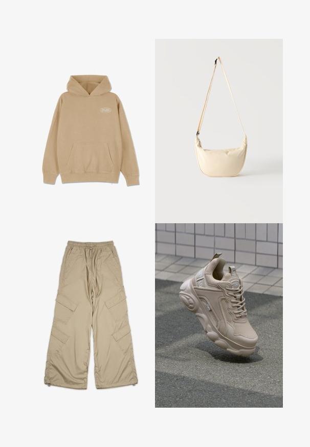 Sudadera beige con bolsillo frontal, capucha con cordón y puños y dobladillo acanalados. Presenta un pequeño logo blanco en el lado izquierdo.; Pantalones cargo beige con cintura ajustable, múltiples bolsillos laterales y un corte relajado. Hechos de una tela ligera y suave con detalles de costura.; Zapatilla deportiva beige con parte superior de malla y sintético, cuello acolchado y suela gruesa con acentos texturizados. Marca visible en el costado.; Bolso de hombro beige en forma de media luna con una larga correa ajustable colgando sobre un fondo liso y claro.