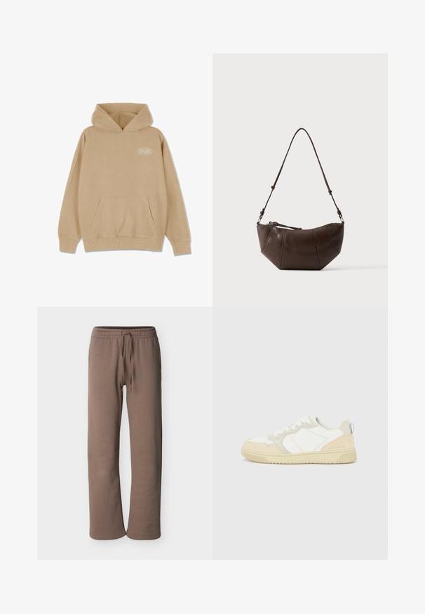 Hoodie beige avec une poche frontale, capuche à cordon de serrage et poignets et ourlet côtelés. Présente un petit logo blanc sur le côté gauche.; Pantalon de survêtement à taille élastique marron avec cordon de serrage, jambes droites et coupe décontractée, présenté sur un fond clair uni.; Baskets blanches et beiges avec dessus en suède et textile, présentant des coutures contrastées, une semelle en caoutchouc et un accent bleu clair sur le talon.; Sac à bandoulière en cuir marron avec un fond incurvé et une sangle réglable sur un fond clair uni.