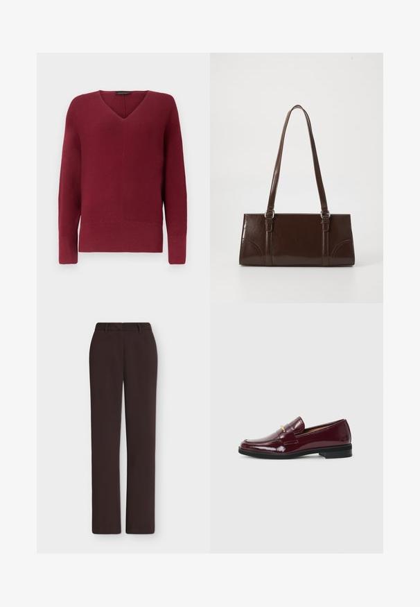 Pull en maille bordeaux pour femmes à manches longues, col en V, avec poignets et ourlet côtelés.; Pantalon droit marron foncé avec passants de ceinture, braguette devant et poches latérales, présenté sur un fond blanc uni.; Mocassins en cuir verni bordeaux à bout rond, avec une sangle décorative et un accent doré, montés sur une semelle en caoutchouc noire.; Sac à main en cuir verni marron de forme rectangulaire, avec deux longues poignées et des accents courbés subtils à l'avant.