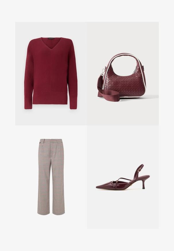 Damestrui met lange mouwen in bordeauxrode breisel, V-hals en geribbelde manchetten en zoom.; Geverfde broek in beige, rood en marineblauw. Ruime snit met een op maat gemaakte taille en plooien, voorzien van een gestructureerde stofafwerking.; Bordeaux laken leren slingback-hakschoenen met een pointy neus, decoratieve banden en goudkleurige accenten. 5 cm hakhoogte.; Donkerrode geweven leren handtas met gebogen handvat, witte bies, zilveren rits en afneembare brede stoffen schouderriem tegen een effen achtergrond.