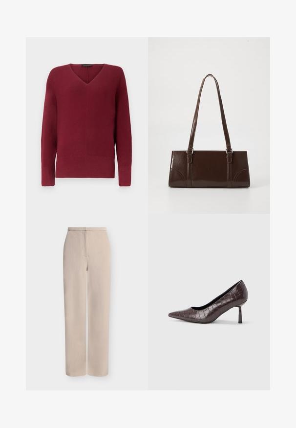 Pull en maille bordeaux pour femmes à manches longues, col en V, avec poignets et ourlet côtelés.; Pantalon beige à jambes larges en tissu texturé, avec une couture frontale et une taille simple sans ornements.; Escarpins à bout pointu en similicuir marron avec une texture crocodile, dotés d’un talon fin et angulaire ainsi que d’une doublure intérieure lisse.; Sac à main en cuir verni marron de forme rectangulaire, avec deux longues poignées et des accents courbés subtils à l'avant.