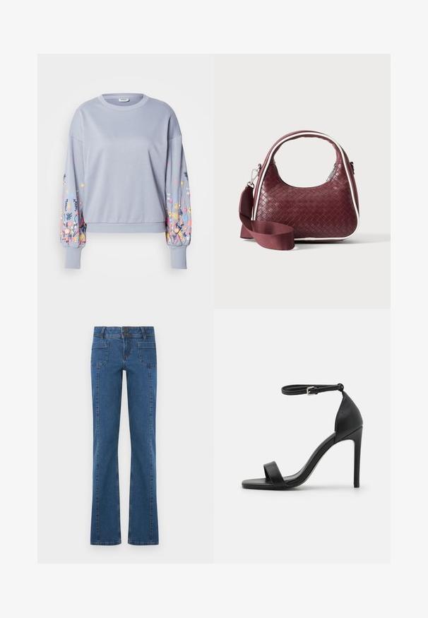 Lyseblå sweatshirt med blomsterbroderi på ærmerne, blød tekstur, ribbet manchetter og kant, afslappet pasform, rund halsudskæring.; Blå denim jeans med forlommer, dobbelt knaplukning og let udvidede ben, vist fladt på hvid baggrund.; Sort højhælet sandal med et sleek design, der har en ankelrem, åben tå og glat lædertekstur.; Mørkerød vævet lædertaske med buet hank, hvid kant, sølv lynlås og aftagelig bred stofskulderrem mod en ensfarvet baggrund.