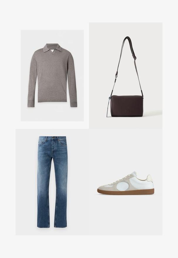 Langærmet grå strikket sweater med foldet krave og ribstrikkede manchetter og kant, vist på en ensfarvet hvid baggrund.; Blå denim jeans med lige ben design, falmede vask, fem lommer og kontrastsyning. Knap- og lynlås-lukning i taljen.; Lavprofil casual sneaker med hvidt læderoverdel, lysebeige ruskind accents, rund tå, hvide snørebånd og gummisål.; Mørkebrun textured læder crossbody taske med justerbar rem og lille dekorativ blå accent på siden.
