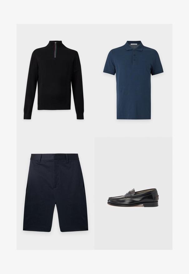 Pull noir à manches longues avec un col montant et une courte fermeture éclair avec des rayures rouges, blanches, vertes et bleues.; Polo bleu marine à manches courtes avec trois boutons et un col, présenté sur un fond uni gris clair.; Shorts bleu marine sur mesure, longueur genou, avec passants de ceinture et fermeture à glissière avant cachée, présentés à plat sur un fond blanc.; Mocassins en cuir noir avec un design de style mocassin, présentant une bande décorative et un détail de couture sur le dessus. Talon bloc bas.