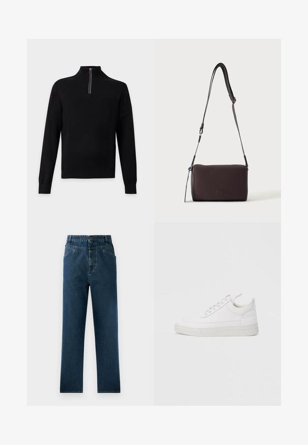 Pull noir à manches longues avec un col montant et une courte fermeture éclair avec des rayures rouges, blanches, vertes et bleues.; Jean droit en denim bleu foncé avec taille haute, comprenant des poches avant et une fermeture à bouton. Tissu texturé avec un léger dégradé.; Baskets en cuir blanc avec un embout arrondi, une semelle plate et un laçage à l'avant. Présentent des détails de couture et un col rembourré pour plus de confort.; Sac bandoulière en cuir marron foncé texturé avec une sangle réglable et un petit accent décoratif bleu sur le côté.
