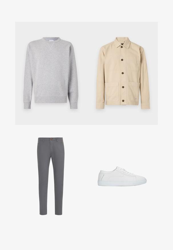 Grijze sweatshirt van zacht materiaal, met een ronde hals, lange mouwen, geribbelde manchetten en een rechte zoom. Geen zichtbare patronen of grafische elementen.; Lichtbeige werkjasje, katoenen stof, knoopsluiting aan de voorkant, puntige kraag, twee borstzakken, twee lagere zakken, bruine knopen, gestikte details.; Grijze katoenen broek met een aansluitend ontwerp, voorzien van een knoopsluiting, standaardzakken en een gladde textuur.; Witte lage sneaker met vetersluiting, glad leren bovenwerk en platte rubberen zool, zijaanzicht op een witte achtergrond.