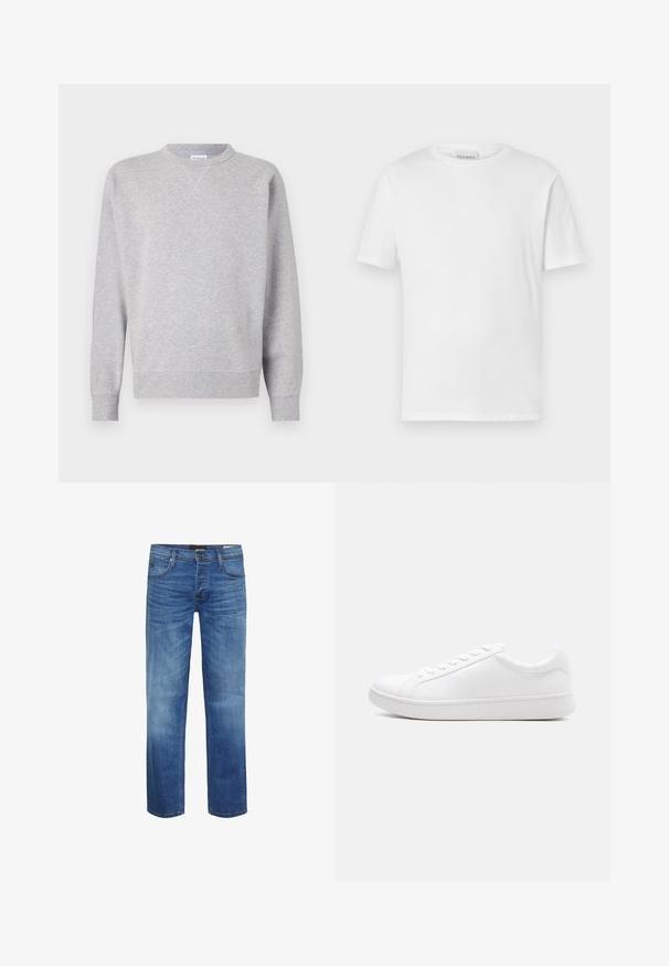 Grå sweatshirt lavet af blødt stof, med rund halsudskæring, lange ærmer, ribbede manchetter og lige kant. Ingen synlige mønstre eller grafik.; Hvid kortærmet t-shirt lavet af bomuld. Har en rund halsudskæring og lige kant. Ingen mønstre eller udsmykninger. Enkel design.; Lyseblå denimjeans med et falmet look, lige snit, fem-lommers design og lynlås. Har brune syninger og et logo-patch.; Hvid lavtop-sneaker med snørelukning, glat læderoverdel og tyk gummisål vist i sideprofil mod en ensfarvet baggrund.