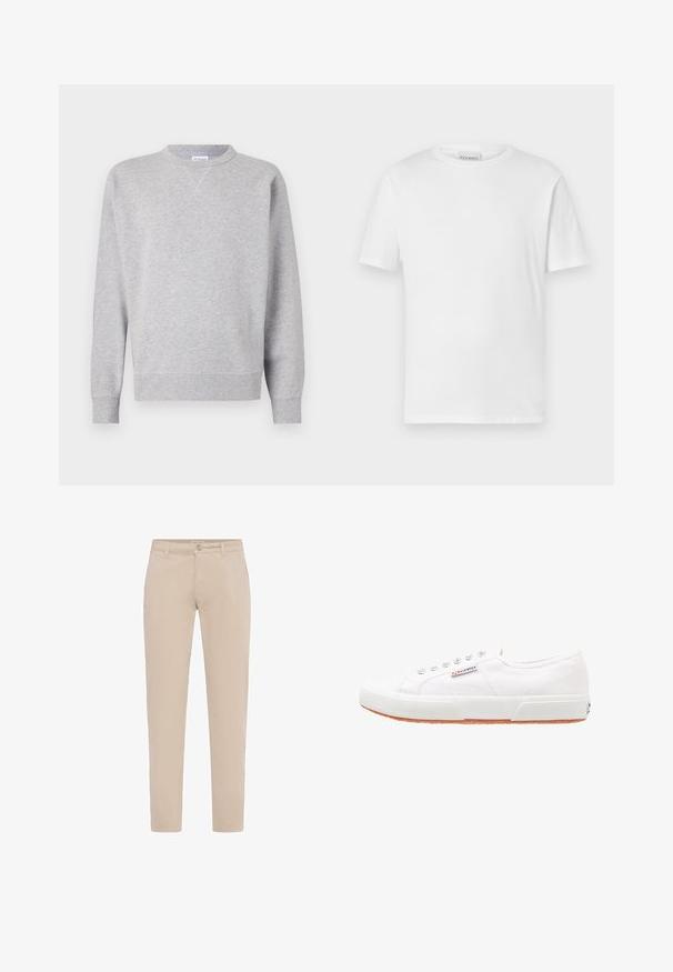 Sweatshirt gris en tissu doux, avec un col rond, des manches longues, des poignets côtelés et un ourlet droit. Aucune motif ni graphique visible.; T-shirt blanc à manches courtes en coton. Présente un col rond et un ourlet droit. Sans motifs ni embellissements. Design simple.; Chinos beige slim fit avec fermeture à bouton et zip à l'avant, passants pour ceinture et poches latérales, présentés sur un fond blanc.; Baskets en toile blanches avec une semelle en caoutchouc, design à lacets et une petite étiquette logo sur le côté. Tige blanche texturée et semelle extérieure marron.