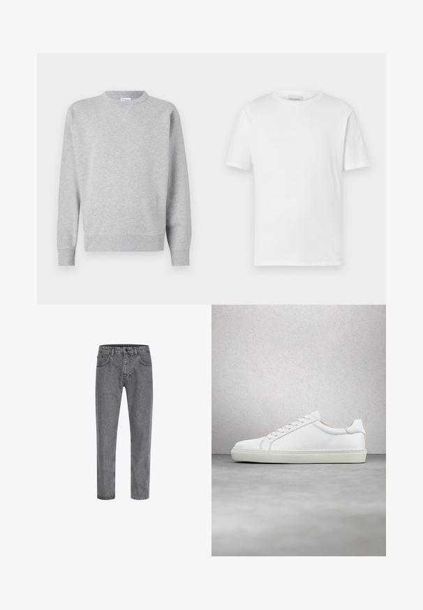 Grau Sweatshirt aus weichem Stoff, mit Rundhalsausschnitt, langen Ärmeln, gerippten Bündchen und geradem Saum. Keine sichtbaren Muster oder Grafiken.; Weißes T-Shirt mit kurzen Ärmeln aus Baumwolle. Hat einen runden Halsausschnitt und einen geraden Saum. Keine Muster oder Verzierungen. Einfaches Design.; Graue Denim-Jeans mit geradem Schnitt, Fünf-Taschen-Design, klassischem Knopf- und Reißverschluss, sowie subtiler Ausbleichung der Stoffstruktur.; Weißer Sneaker mit glattem Lederobermaterial und niedrigem Profil. Verfügt über eine runde Zehenpartie, sechs Ösen und eine strukturierte Gummisohle.