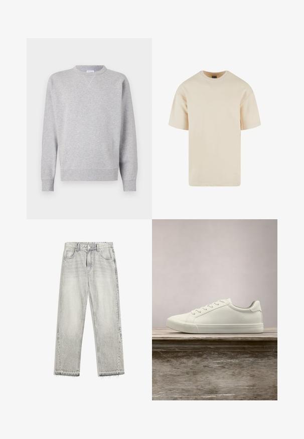 Grå sweatshirt lavet af blødt stof, med rund halsudskæring, lange ærmer, ribbede manchetter og lige kant. Ingen synlige mønstre eller grafik.; Beige bomulds t-shirt med rund hals, korte ærmer og lige pasform. Glat tekstur uden synlige mønstre eller accenter.; Lys grå denimjeans med en let falmet finish, lige pasform, fem-lomme design og flosset søm. Flad taljebånd med bælteløkker.; Hvide snørresneakers svævende over en træbænk med grønne planter i baggrunden, der fremhæver skodesign og tekstur.