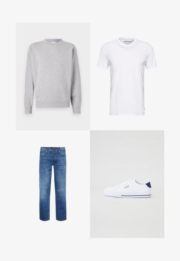 Grau Sweatshirt aus weichem Stoff, mit Rundhalsausschnitt, langen Ärmeln, gerippten Bündchen und geradem Saum. Keine sichtbaren Muster oder Grafiken.; Weißes T-Shirt mit kurzen Ärmeln aus Baumwolle, mit Rundhalsausschnitt und einem schlichten Design. Markentag im Nackenbereich sichtbar. Keine Muster oder Verzierungen.; Hellblaue Jeans aus Denim mit einem verwaschenen Finish, gerader Schnitt, Fünf-Taschen-Design und einem Reißverschluss. Mit brauner Naht und einem Logo-Patch.; Weiße Canvas-Sneaker mit navyblauem Fersenakzent, flacher Gummisohle, runder Zehenpartie und weißen Schnürsenkeln. Mit Logo an der Seite.
