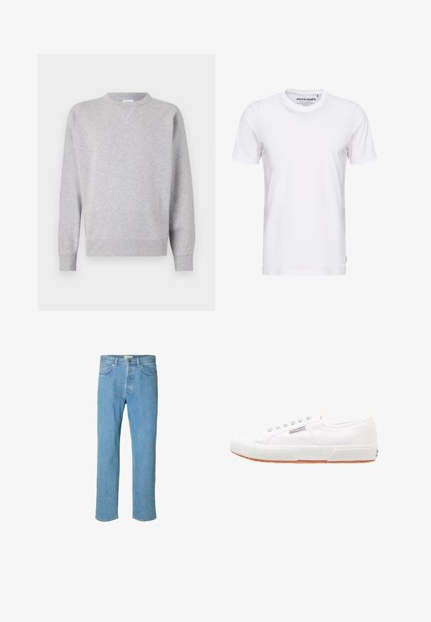 Hall grey särk, mis on valmistatud pehmest kangast, omab ümmargust kaelust, pikki varrukaid, soonikuid mansetid ning sirget allääret. Ei ole nähtavaid mustreid ega graafikat.; Valge lühikeste varrukatega T-särk, mis on valmistatud puuvillast, ümarate kaelustega ja lihtsa disainiga. Brändi silt on nähtav kaela piirkonnas. Muster või aktsente ei ole.; Heledad sinise tooni teksapüksid, millel on sirge jalgade disain. Omadusteks on nööpidega rihm, viis taskut ja õmblustega detailid õmbluste ääres.; Valged kanvasist tossud, millel on kummist tald, nööpidega kinnitamine ja väike logo silt küljel. Tekstureeritud valge ülaserv ja pruun tall.