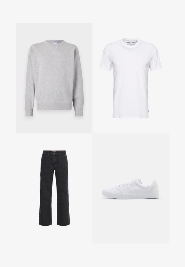 Grå sweatshirt lavet af blødt stof, med rund halsudskæring, lange ærmer, ribbede manchetter og lige kant. Ingen synlige mønstre eller grafik.; Hvid t-shirt med korte ærmer lavet af bomuld, med en rund hals og et enkelt design. Brandtag synlig på halsområdet. Ingen mønstre eller accenter.; Sorte denim bukser med vid ben, knaplukning, fem lommer og en let slidt tekstur. Lige snit fra talje til søm.; Hvide lærreds sneakers med gummisål, der har seks snørehuller, en struktureret tåkap og et minimalistisk design.
