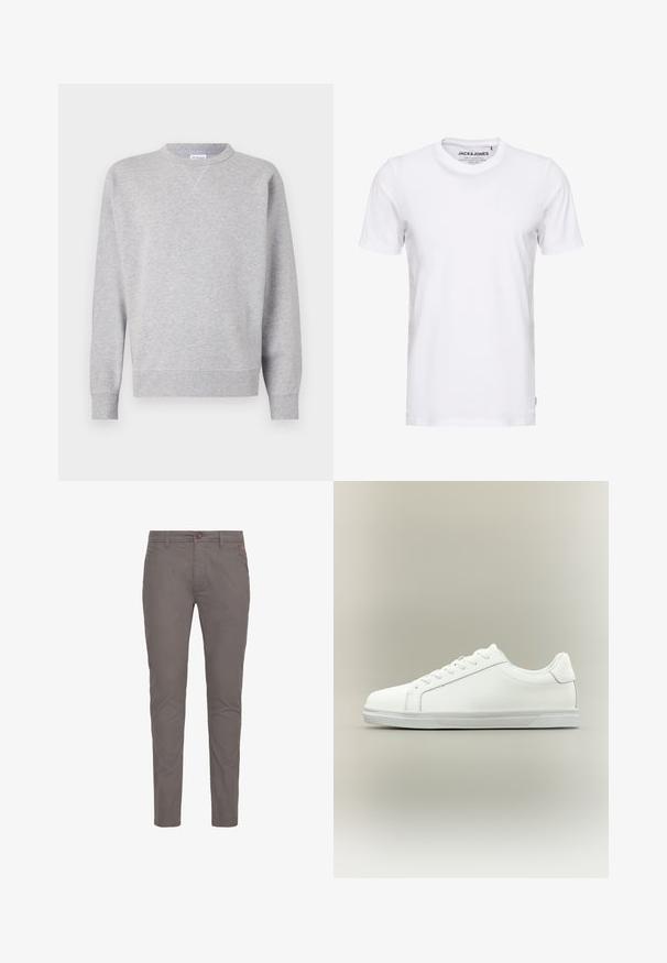 Grå sweatshirt lavet af blødt stof, med rund halsudskæring, lange ærmer, ribbede manchetter og lige kant. Ingen synlige mønstre eller grafik.; Hvid t-shirt med korte ærmer lavet af bomuld, med en rund hals og et enkelt design. Brandtag synlig på halsområdet. Ingen mønstre eller accenter.; Grå bomulds chinos med lige pasform, der har knaplukning, standardlommer og minimalistisk design. Glat tekstur og ingen mønstre.; Lavtop hvid sneaker med snørelukning foran og tekstureret gummisål mod en ensartet neutral baggrund.