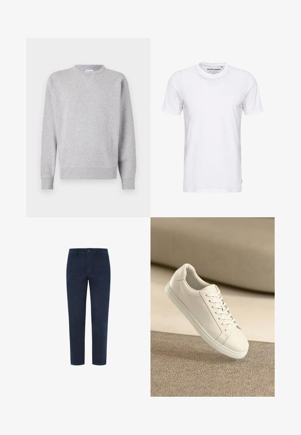 Sudadera gris hecha de tela suave, con cuello redondo, mangas largas, puños acanalados y dobladillo recto. Sin patrones ni gráficos visibles.; Camiseta de manga corta blanca, hecha de algodón, con cuello redondo y un diseño sencillo. Etiqueta de la marca visible en la zona del cuello. Sin patrones ni detalles.; Chinos de algodón azul marino con cierre de botón, patas rectas y una textura suave. Presenta bolsillos laterales y un bolsillo trasero.; Zapatilla de cuero blanca con cordones blancos, exhibida sobre una superficie texturizada beige y un suave fondo desenfocado.