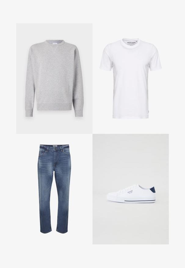 Grå sweatshirt lavet af blødt stof, med rund halsudskæring, lange ærmer, ribbede manchetter og lige kant. Ingen synlige mønstre eller grafik.; Hvid t-shirt med korte ærmer lavet af bomuld, med en rund hals og et enkelt design. Brandtag synlig på halsområdet. Ingen mønstre eller accenter.; Denimjeans i mellemblå med en falmet finish, fem-lomme design, lynlås og standard lige ben skæring. Distinkt syninger detaljer.; Hvide kanvas sneakers med en marineblå hælaccents, flad gummisål, rund tå og hvide snørebånd. Har logo på siden.