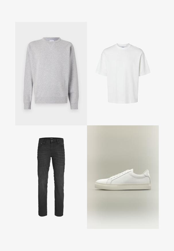 Grå sweatshirt lavet af blødt stof, med rund halsudskæring, lange ærmer, ribbede manchetter og lige kant. Ingen synlige mønstre eller grafik.; Enkel hvid t-shirt med korte ærmer, rund hals og løs pasform vist på hvid baggrund.; Sorte denim jeans med slim fit, fem-lomme design, klassisk knap- og lynlåslukning samt subtilt falmet tekstur over hele.; Hvid lavtop sneaker med snørebånd foran og tyk sål, vist fra siden mod en neutral baggrund.
