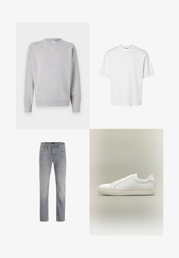 Sweatshirt gris en tissu doux, avec un col rond, des manches longues, des poignets côtelés et un ourlet droit. Aucune motif ni graphique visible.; T-shirt blanc uni à manches courtes, col rond et coupe décontractée, présenté sur un fond blanc.; Jean en denim gris clair avec une coupe droite, un style à cinq poches et une fermeture à bouton classique. Texture de tissu lisse et finition soignée.; Baskets blanches basses à lacets sur l’avant et semelle épaisse, vues de côté sur un fond neutre.