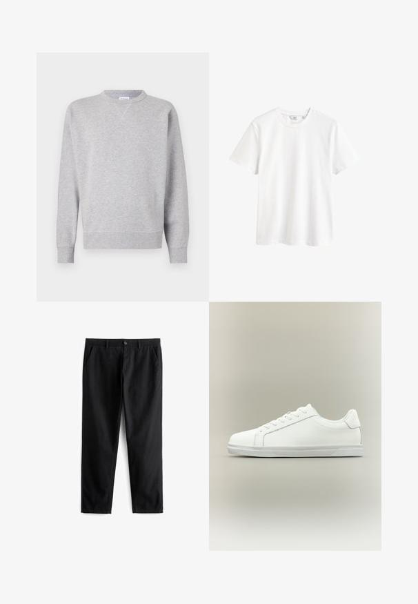 Grijze sweatshirt van zacht materiaal, met een ronde hals, lange mouwen, geribbelde manchetten en een rechte zoom. Geen zichtbare patronen of grafische elementen.; Effen witte T-shirt met korte mouwen en een ronde hals, met een klein merkje in de kraag.; Zwarte broek van duurzaam materiaal, met twee voorzakken, een knoopsluiting, een platte voorkant en een recht gesneden pijp.; Witte lage sneaker met veterluiting aan de voorkant en een gestructureerde rubberen zool tegen een neutrale achtergrond.