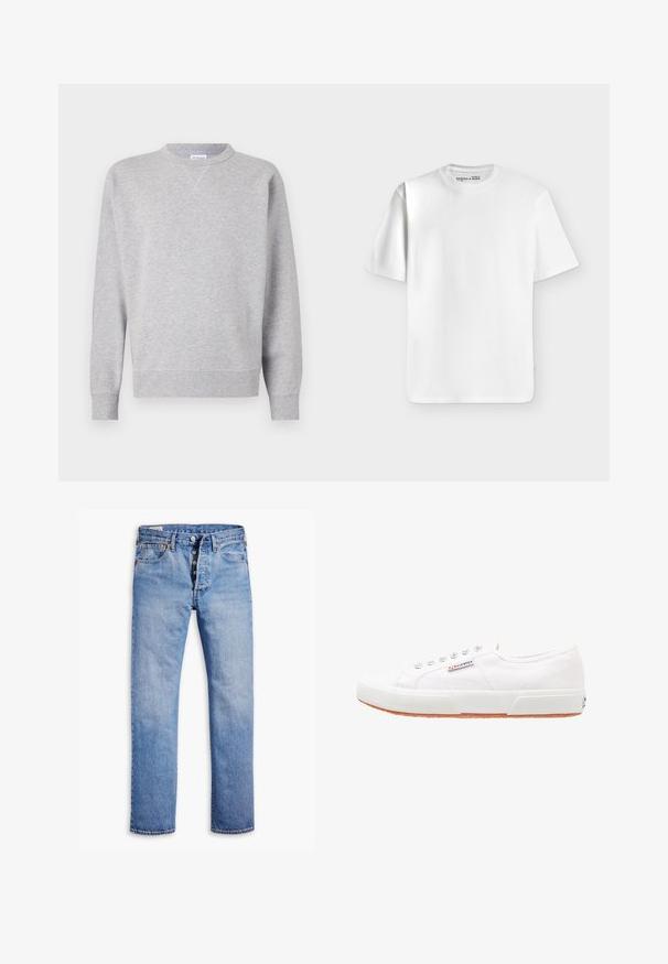 Grau Sweatshirt aus weichem Stoff, mit Rundhalsausschnitt, langen Ärmeln, gerippten Bündchen und geradem Saum. Keine sichtbaren Muster oder Grafiken.; Schlichtes weißes T-Shirt mit kurzen Ärmeln und Rundhalsausschnitt, flach auf einem hellgrauen Hintergrund liegend mit einem kleinen Markenlabel im Halsausschnitt.; Helle blaue Jeans mit geradem Bein, Fünf-Knopf-Verschluss, Gürtelschlaufen und dezentem Verblassen. Verfügt über zwei Fronttaschen und kupferfarbene Nieten.; Weiße Leinensneaker mit Gummisohle, Schnürdesign und einem kleinen Logolabel an der Seite. Strukturierte weiße Oberseite und braune Außensohle.