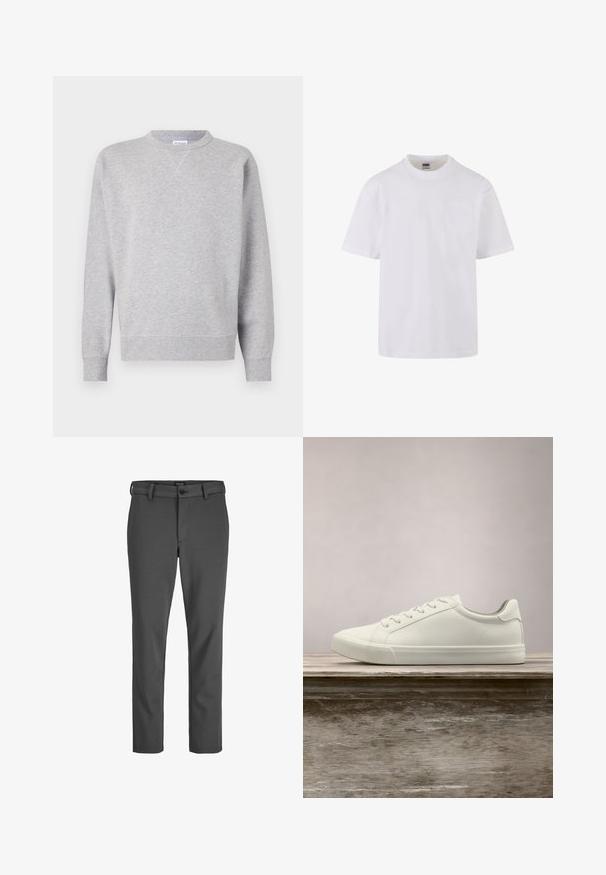 Sweatshirt gris en tissu doux, avec un col rond, des manches longues, des poignets côtelés et un ourlet droit. Aucune motif ni graphique visible.; T-shirt blanc à manches courtes en coton, avec un col rond et une poche simple du côté gauche de la poitrine.; Pantalons gris ajustés en tissu lisse, dotés d'une fermeture à bouton et de passants de ceinture, avec une coupe droite et sans motifs visibles.; Sneaker en dentelle blanche flottant au-dessus d'un banc en bois avec un feuillage vert en arrière-plan, mettant en valeur le design et la texture de la chaussure.