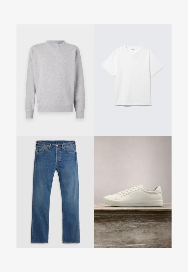 Sweatshirt gris en tissu doux, avec un col rond, des manches longues, des poignets côtelés et un ourlet droit. Aucune motif ni graphique visible.; T-shirt blanc à manches courtes et col rond, étalé à plat, design uni, avec l'étiquette "WEEKDAY" à l'intérieur du col sur un fond clair.; Jean en denim bleu à jambe droite avec cinq poches, passants de ceinture, et une fermeture avant à bouton et fermeture éclair sur fond uni.; Sneaker en dentelle blanche flottant au-dessus d'un banc en bois avec un feuillage vert en arrière-plan, mettant en valeur le design et la texture de la chaussure.