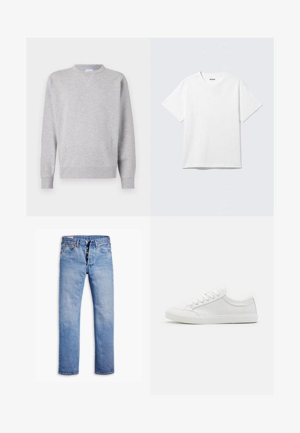 Grijze sweatshirt van zacht materiaal, met een ronde hals, lange mouwen, geribbelde manchetten en een rechte zoom. Geen zichtbare patronen of grafische elementen.; Witte T-shirt met korte mouwen en ronde hals, plat gelegd, effen ontwerp, met een "WEEKDAY" label in de kraag op een lichte achtergrond.; Lichtblauwe denim jeans met een rechte broekspijp, vijfknopen sluiting, riemlussen en subtiele vervaging. Heeft twee voorzakken en koperen klinknagels.; Witte sneakers met een glad leren bovenwerk, ronde neus, platte rubberen zool en zes oogjes voor veters. Subtiele stikseldetails, minimalistisch ontwerp.