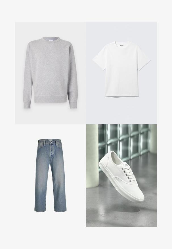 Sweatshirt gris en tissu doux, avec un col rond, des manches longues, des poignets côtelés et un ourlet droit. Aucune motif ni graphique visible.; T-shirt blanc à manches courtes et col rond, étalé à plat, design uni, avec l'étiquette "WEEKDAY" à l'intérieur du col sur un fond clair.; Jean en denim bleu clair avec une coupe ample, taille haute et jambes droites. Dispose de poches avant et d'une fermeture à bouton en métal.; Baskets basses blanches en toile avec lacets, étiquetées Tommy Hilfiger, montrées flottant au-dessus d’un sol gris lisse près d’un mur en briques de verre.