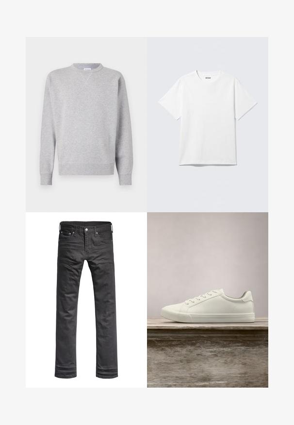 Grå sweatshirt lavet af blødt stof, med rund halsudskæring, lange ærmer, ribbede manchetter og lige kant. Ingen synlige mønstre eller grafik.; Hvid kortærmet crewneck T-shirt lagt fladt ud, ensfarvet design, med "WEEKDAY" mærkat inde i kraven på en lys baggrund.; Sorte denim jeans med et klassisk lige ben-design. Har frontlommer, knaplukning og diskrete syninger.; Hvide snørresneakers svævende over en træbænk med grønne planter i baggrunden, der fremhæver skodesign og tekstur.
