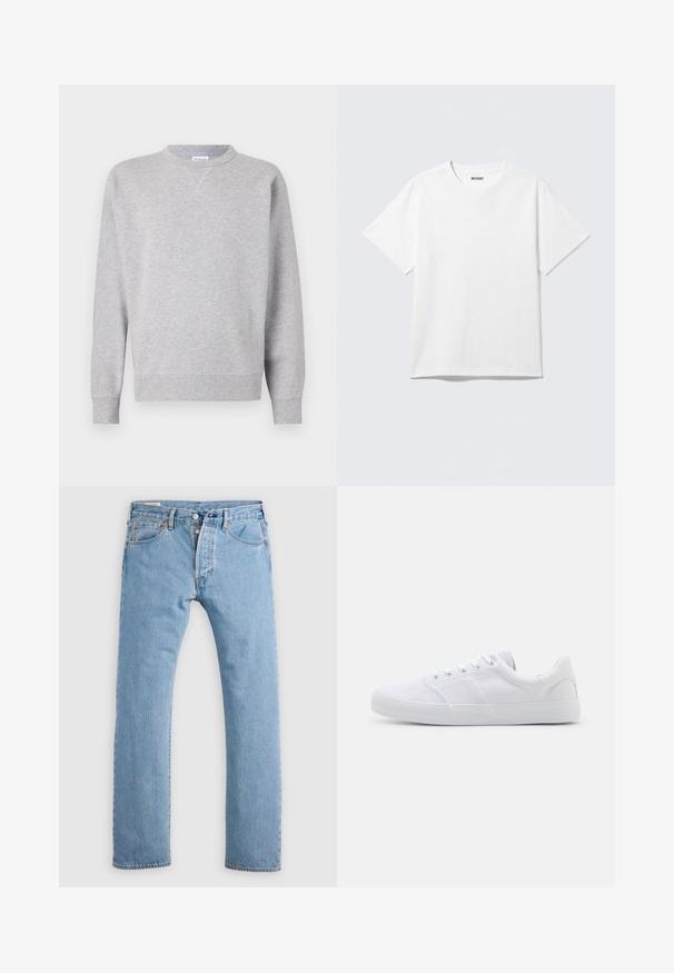Sweatshirt gris en tissu doux, avec un col rond, des manches longues, des poignets côtelés et un ourlet droit. Aucune motif ni graphique visible.; T-shirt blanc à manches courtes et col rond, étalé à plat, design uni, avec l'étiquette "WEEKDAY" à l'intérieur du col sur un fond clair.; Jean en denim droit bleu clair avec fermeture à boutons, passants de ceinture, et poches avant et arrière, présenté sur un fond blanc.; Baskets en toile blanches avec une semelle en caoutchouc, dotées de six œillets, d'un embout texturé et d'un design minimaliste.