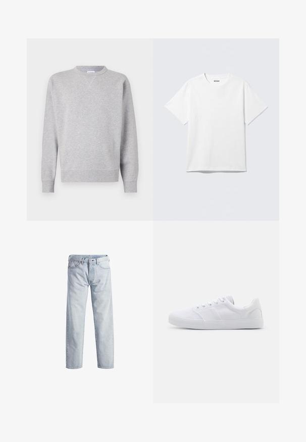 Grau Sweatshirt aus weichem Stoff, mit Rundhalsausschnitt, langen Ärmeln, gerippten Bündchen und geradem Saum. Keine sichtbaren Muster oder Grafiken.; Weißes T-Shirt mit kurzen Ärmeln und Rundhalsausschnitt, flach liegend, schlichtes Design, mit „WEEKDAY“-Etikett innen im Kragen auf hellem Hintergrund.; Hellblaue Denim-Jeans mit geradem Bein, Knopfleiste, fünf Taschen und subtilen Verwaschungen. Mit metallischen Hardware-Details ausgestattet.; Weiße Leinenschuhe mit Gummisohle, ausgestattet mit sechs Ösen, einer strukturierten Zehenkappe und minimalistischer Gestaltung.