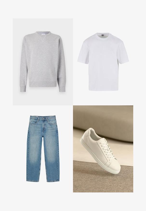 Grau Sweatshirt aus weichem Stoff, mit Rundhalsausschnitt, langen Ärmeln, gerippten Bündchen und geradem Saum. Keine sichtbaren Muster oder Grafiken.; Weißes T-Shirt mit kurzen Ärmeln aus Baumwolle. Besitzt einen Rundhalsausschnitt und eine lockere Passform. Glatte Textur, minimalistisches Design, ohne Muster oder Akzente.; Blaue Jeans mit geradem Bein, Vordertaschen, Gürtelschlaufen, Knopfverschluss und dezenten ausgewaschenen Details an Oberschenkeln und Knien.; Weißes Leder Sneaker mit weißen Schnürsenkeln, auf einer beigefarbenen strukturierten Oberfläche präsentiert, und einem sanft verschwommenen Hintergrund.