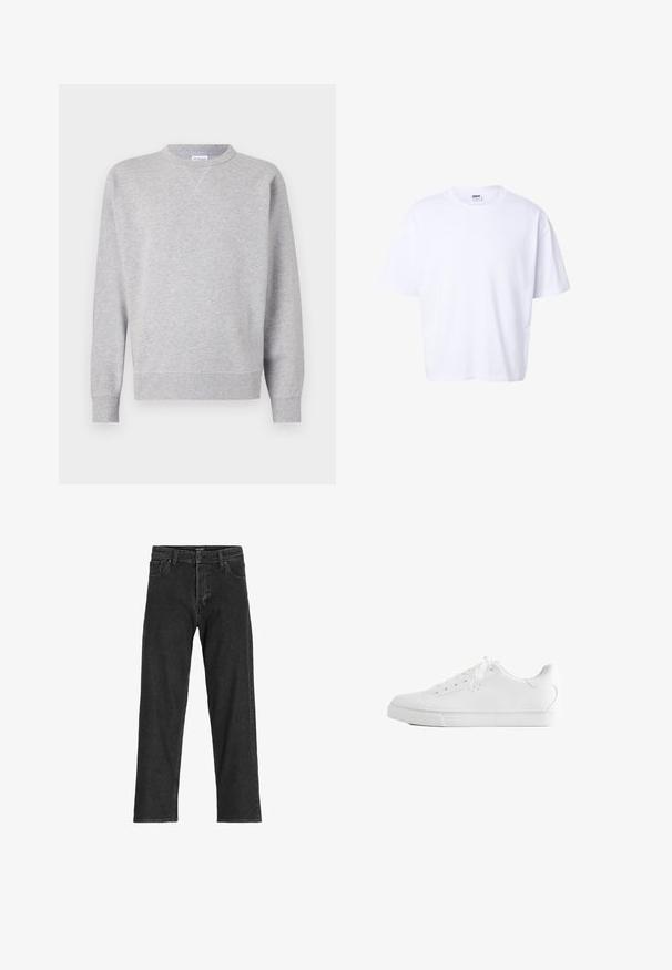 Grijze sweatshirt van zacht materiaal, met een ronde hals, lange mouwen, geribbelde manchetten en een rechte zoom. Geen zichtbare patronen of grafische elementen.; Effen witte katoenen T-shirt met korte mouwen, ronde hals, losse pasvorm en Urban Classic merklabel aan de binnenkant van de kraag.; Zwarte spijkerbroek met een recht model, voorzien van een rits, riemlussen en zes zakken, gemaakt van een stevige katoenmix.; Witte lage sneaker met veters, glad leren bovenwerk en een platte rubberen zool, vanaf de zijkant op een witte achtergrond.