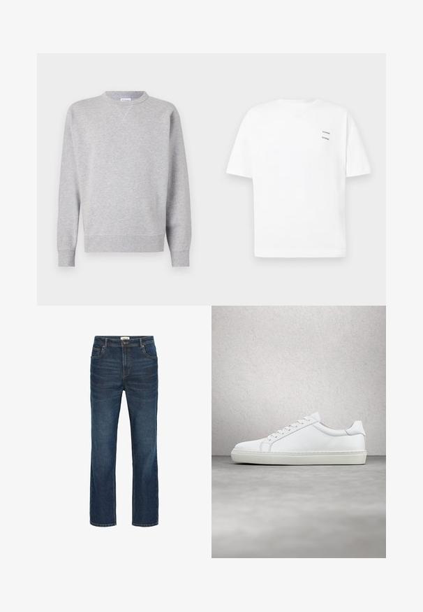 Grijze sweatshirt van zacht materiaal, met een ronde hals, lange mouwen, geribbelde manchetten en een rechte zoom. Geen zichtbare patronen of grafische elementen.; Witte katoenen t-shirt met een relaxed fit, korte mouwen en een V-hals. Bevat twee kleine zwarte bedrukte logo's aan de linkerkant.; Donkerblauwe spijkerbroek met een rechte snit, vijf zakken, contrasterende stiksels en een tailleband met een metalen knoop en riemlussen.; Witte sneaker met een gladlederen bovenwerk en een laag profiel. Voorzien van een ronde neus, zes vetergaatjes en een gestructureerde rubberen zool.