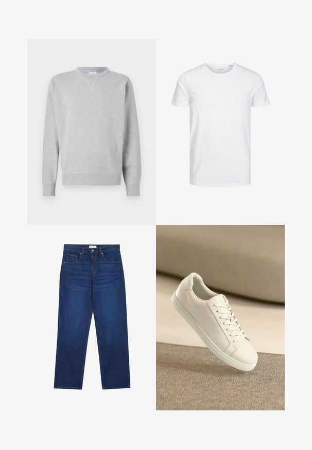 Sudadera gris hecha de tela suave, con cuello redondo, mangas largas, puños acanalados y dobladillo recto. Sin patrones ni gráficos visibles.; Camiseta de manga corta y cuello redondo en blanco sólido, fabricada en algodón suave, presenta un diseño simple sin patrones ni acentos visibles.; Vaqueros de mezclilla en azul oscuro con un diseño de pierna recta, que cuentan con un cierre de botón y cremallera, cinco bolsillos y detalles de costura visibles.; Zapatilla de cuero blanca con cordones blancos, exhibida sobre una superficie texturizada beige y un suave fondo desenfocado.