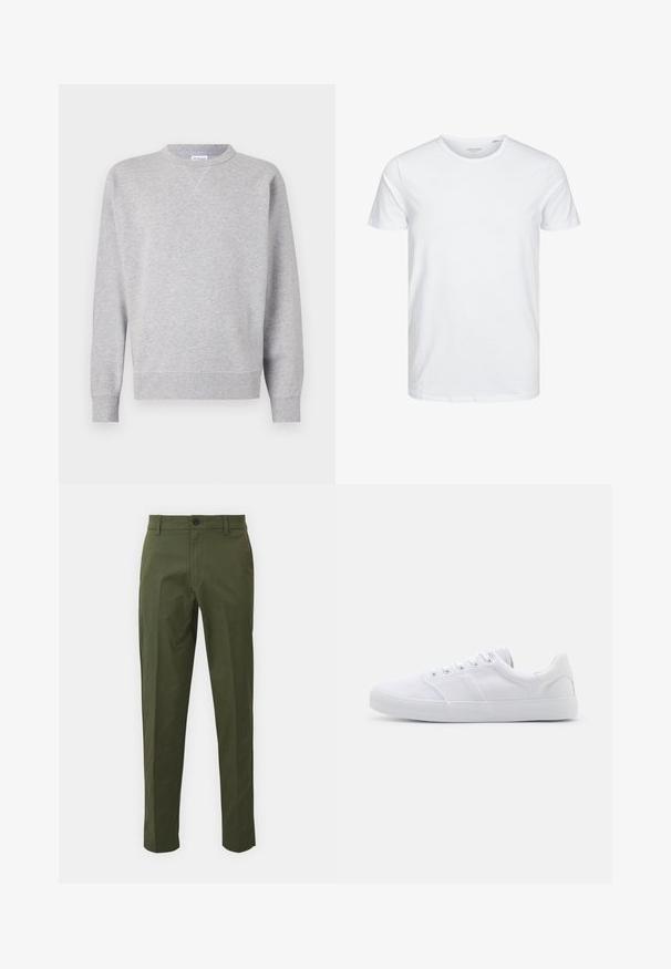 Hall grey särk, mis on valmistatud pehmest kangast, omab ümmargust kaelust, pikki varrukaid, soonikuid mansetid ning sirget allääret. Ei ole nähtavaid mustreid ega graafikat.; Ümmarguse kaelusega lühikeste varrukatega T-särk, mis on puhtast valgest pehmest puuvillast, omab lihtsat disaini ilma nähtavate mustrite või aktsentideta.; Oliivrohelised puuvillased püksid sirge jala disainiga, esipaneelis nööpide sulgemisega, küljetaskutega ja minimaalsete õmbluse detailidega.; Valged kangast dressikingad kummist tallaga, kuue paelakohaga, tekstureeritud varbakattega ja minimalistliku disainiga.