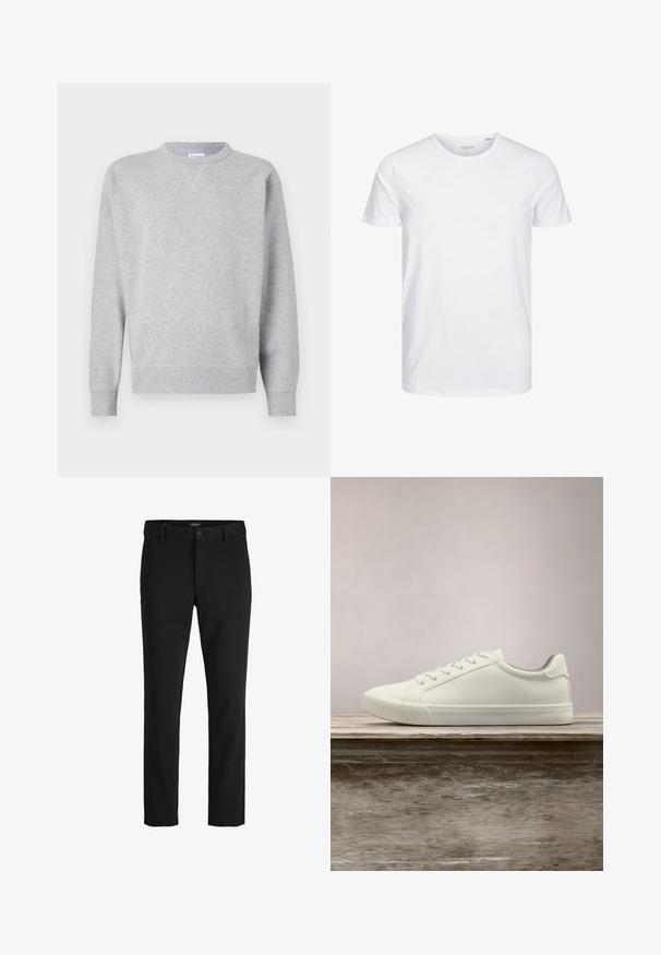 Sweatshirt gris en tissu doux, avec un col rond, des manches longues, des poignets côtelés et un ourlet droit. Aucune motif ni graphique visible.; T-shirt à col rond à manches courtes de couleur blanche unie, fabriqué en coton doux, avec un design simple sans motifs ni accents visibles.; Pantalon noir slim-fit avec passants pour ceinture, fermeture par bouton et devant lisse.; Sneaker en dentelle blanche flottant au-dessus d'un banc en bois avec un feuillage vert en arrière-plan, mettant en valeur le design et la texture de la chaussure.