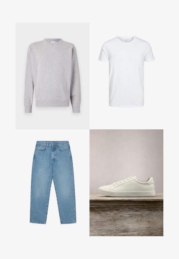 Sudadera gris hecha de tela suave, con cuello redondo, mangas largas, puños acanalados y dobladillo recto. Sin patrones ni gráficos visibles.; Camiseta de manga corta y cuello redondo en blanco sólido, fabricada en algodón suave, presenta un diseño simple sin patrones ni acentos visibles.; Pantalones vaqueros de mezclilla azul claro con corte de pierna recta, diseño de cinco bolsillos y textura ligeramente desgastada. Cuentan con cierre de botón y cremallera.; Zapatilla blanca con cordones flotando sobre un banco de madera con follaje verde al fondo, mostrando el diseño y la textura del zapato.