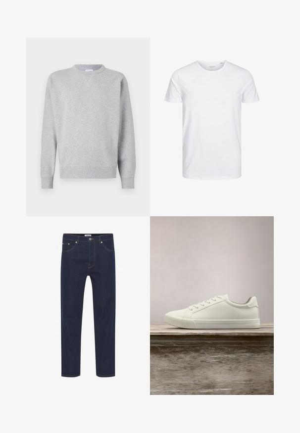 Grå sweatshirt lavet af blødt stof, med rund halsudskæring, lange ærmer, ribbede manchetter og lige kant. Ingen synlige mønstre eller grafik.; Rundhals kortærmet t-shirt i ensfarvet hvid, lavet af blød bomuld, har et simpelt design uden synlige mønstre eller detaljer.; Mørkeblå denim jeans med lige snit, der har lys syning, fem lommer og en knaplukning ved livet. Glat tekstur.; Hvide snørresneakers svævende over en træbænk med grønne planter i baggrunden, der fremhæver skodesign og tekstur.