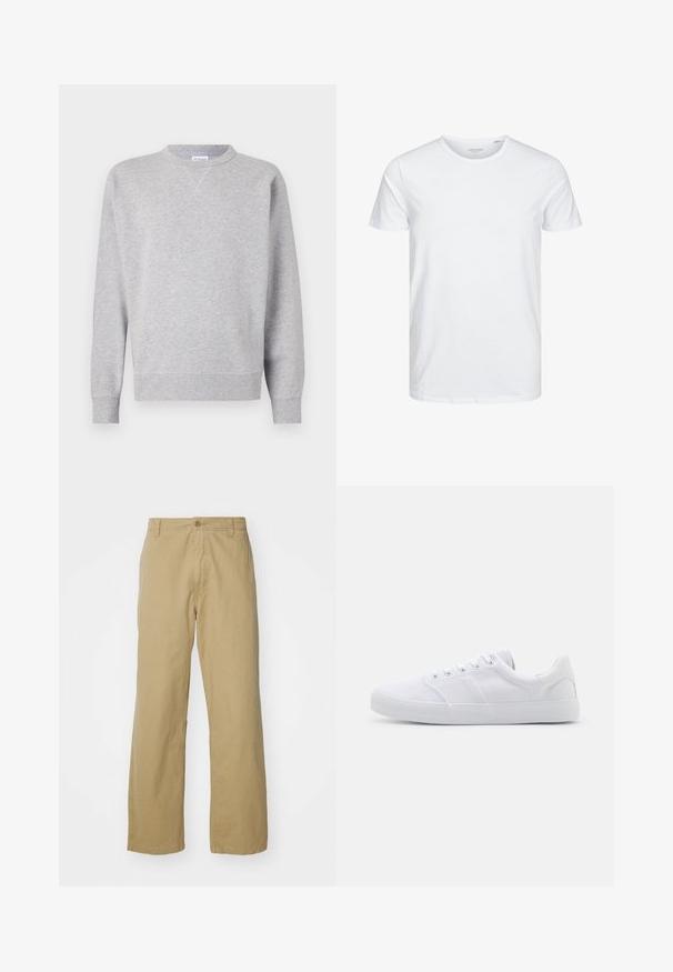 Grå sweatshirt lavet af blødt stof, med rund halsudskæring, lange ærmer, ribbede manchetter og lige kant. Ingen synlige mønstre eller grafik.; Rundhals kortærmet t-shirt i ensfarvet hvid, lavet af blød bomuld, har et simpelt design uden synlige mønstre eller detaljer.; Khaki bomuldsbukser med lige ben, der har en frontknaplukning og sidelommer. Glat, robust tekstur.; Hvide lærreds sneakers med gummisål, der har seks snørehuller, en struktureret tåkap og et minimalistisk design.