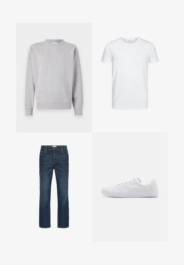 Grijze sweatshirt van zacht materiaal, met een ronde hals, lange mouwen, geribbelde manchetten en een rechte zoom. Geen zichtbare patronen of grafische elementen.; Ronde hals kortemouwen t-shirt in effen wit, gemaakt van zachte katoen, heeft een eenvoudig ontwerp zonder zichtbare patronen of accenten.; Donkerblauwe spijkerbroek met een rechte snit, vijf zakken, contrasterende stiksels en een tailleband met een metalen knoop en riemlussen.; Witte canvas sneakers met een rubberen zool, voorzien van zes oogjes, een gestructureerde neuskap en een minimalistisch ontwerp.