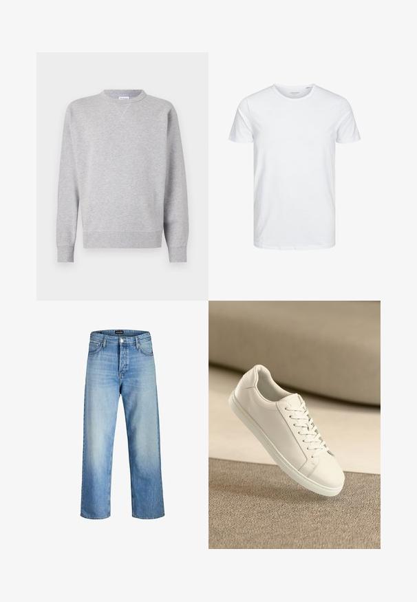 Grå sweatshirt lavet af blødt stof, med rund halsudskæring, lange ærmer, ribbede manchetter og lige kant. Ingen synlige mønstre eller grafik.; Rundhals kortærmet t-shirt i ensfarvet hvid, lavet af blød bomuld, har et simpelt design uden synlige mønstre eller detaljer.; Lysblå denimjeans med en afslappet pasform, med høj talje, frontlommer og lige ben, der fremhæver subtilt slid.; Hvide lædersneakers med hvide snørebånd, præsenteret på en beige tekstureret overflade og med en blødt uskarp baggrund.