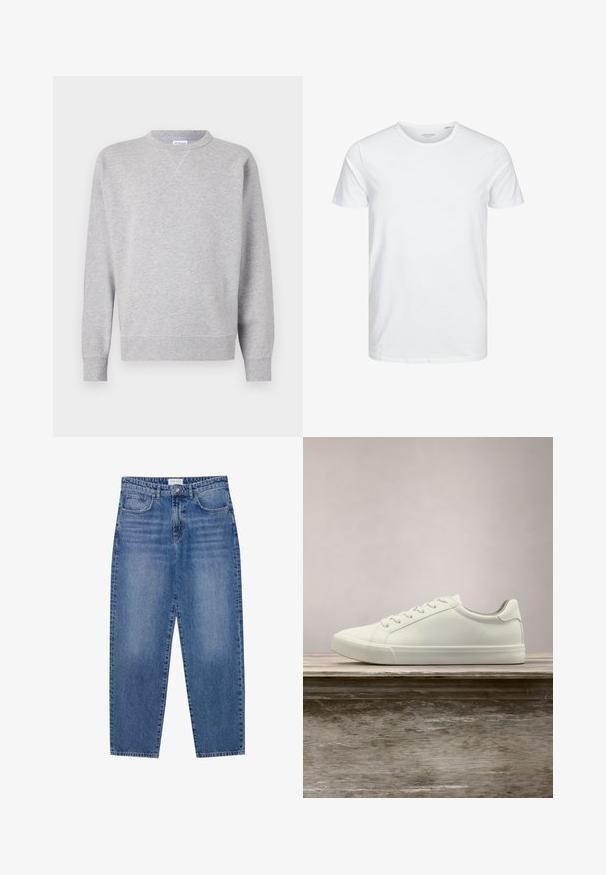 Grau Sweatshirt aus weichem Stoff, mit Rundhalsausschnitt, langen Ärmeln, gerippten Bündchen und geradem Saum. Keine sichtbaren Muster oder Grafiken.; Rundhals-T-Shirt mit kurzen Ärmeln in reinem Weiß, aus weicher Baumwolle, mit einem schlichten Design ohne sichtbare Muster oder Akzente.; Blaue Denim-Jeans mit hoher Taille, geradem Bein und ausgebleichtem Finish. Verfügt über fünf Taschen und einen Knopfverschluss.; Weiße Schnürsneaker, die über einer Holzbank mit grünem Laub im Hintergrund schweben und das Schuhdesign sowie die Textur zeigen.