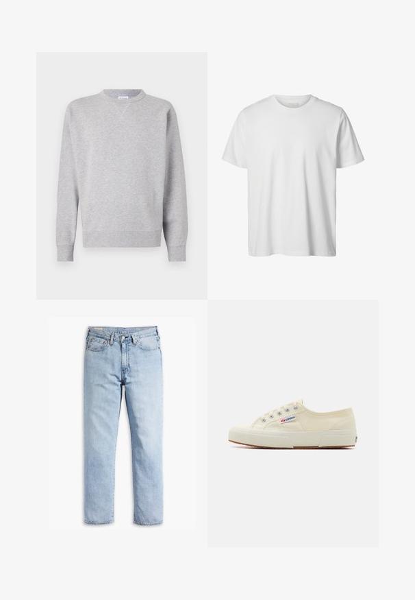 Grå sweatshirt lavet af blødt stof, med rund halsudskæring, lange ærmer, ribbede manchetter og lige kant. Ingen synlige mønstre eller grafik.; Enkelt hvid T-shirt med korte ærmer og rund hals, løs pasform og uden synlige logoer eller designs foran.; Lyseblå denimjeans med lige ben, fem-lommerstil og robust syning. Har lynlås og metalknap.; Beige lærredssneaker med et lavprofildesign, metaløjet og gummisål. Har et tekstureret mønster og logodetalje på siden.