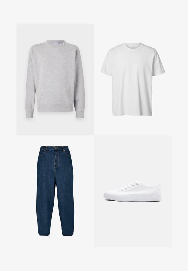 Grijze sweatshirt van zacht materiaal, met een ronde hals, lange mouwen, geribbelde manchetten en een rechte zoom. Geen zichtbare patronen of grafische elementen.; Eenvoudig wit T-shirt met korte mouwen en ronde hals, losse pasvorm en zonder zichtbare logo's of ontwerpen aan de voorkant.; Donkerblauwe spijkerbroek met een relaxed fit, hoge taille en elastische boorden. Voorzien van een knoopsluiting aan de voorkant en vijf zakken.; Witte canvas lage sneaker met witte veters, rubberen zool en metalen oogjes, weergegeven vanaf de buitenkant tegen een effen achtergrond.
