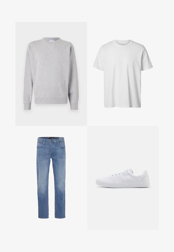 Grå sweatshirt lavet af blødt stof, med rund halsudskæring, lange ærmer, ribbede manchetter og lige kant. Ingen synlige mønstre eller grafik.; Enkelt hvid T-shirt med korte ærmer og rund hals, løs pasform og uden synlige logoer eller designs foran.; Lyseblå denimjeans med lige snit, fem lomme-design og diskret slid på benene. Vævet stof med en robust tekstur.; Hvide lærreds sneakers med gummisål, der har seks snørehuller, en struktureret tåkap og et minimalistisk design.
