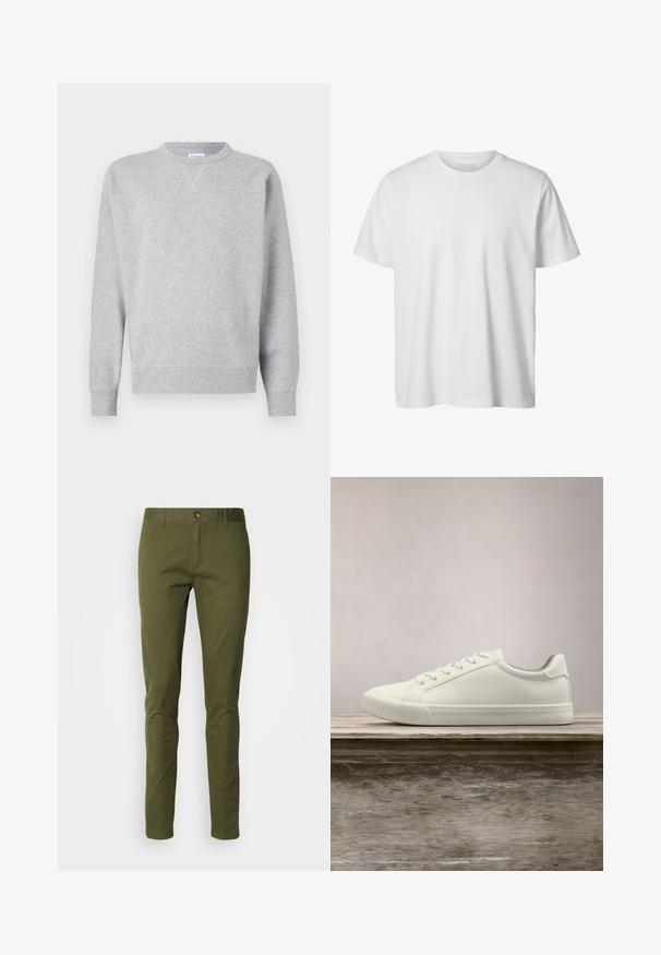Sweatshirt gris en tissu doux, avec un col rond, des manches longues, des poignets côtelés et un ourlet droit. Aucune motif ni graphique visible.; T-shirt blanc uni à manches courtes, col rond, coupe décontractée, sans logos ni motifs visibles à l'avant.; Chino en vert olive en tissu mélangé coton, avec une coupe droite, une fermeture éclair et des poches avant. Texture lisse avec un minimum de détails.; Sneaker en dentelle blanche flottant au-dessus d'un banc en bois avec un feuillage vert en arrière-plan, mettant en valeur le design et la texture de la chaussure.